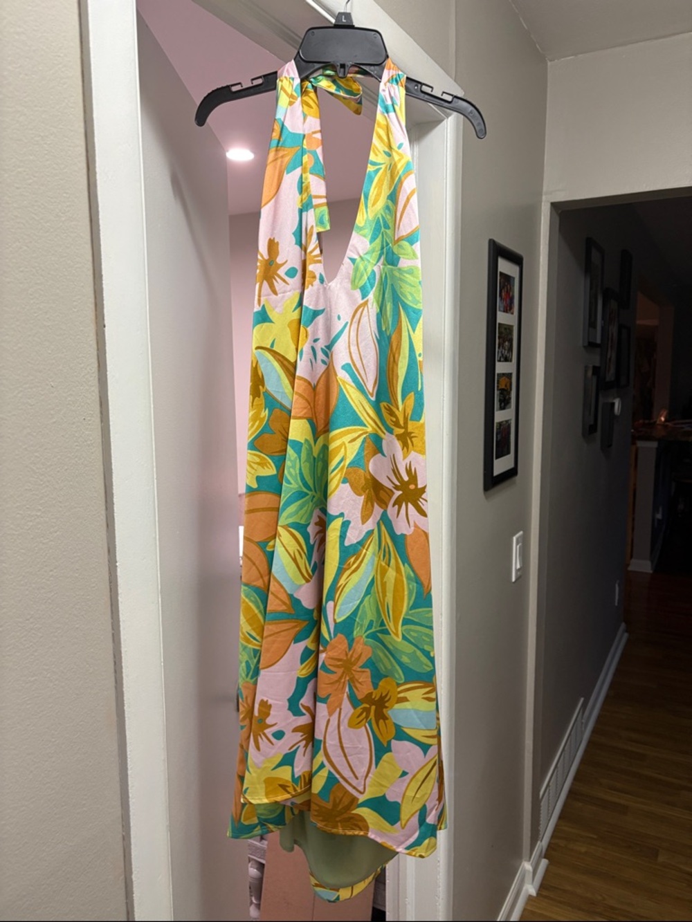 Pink Lily Tropical Floral Halter Mini Dress in Pink, Yellow & Green